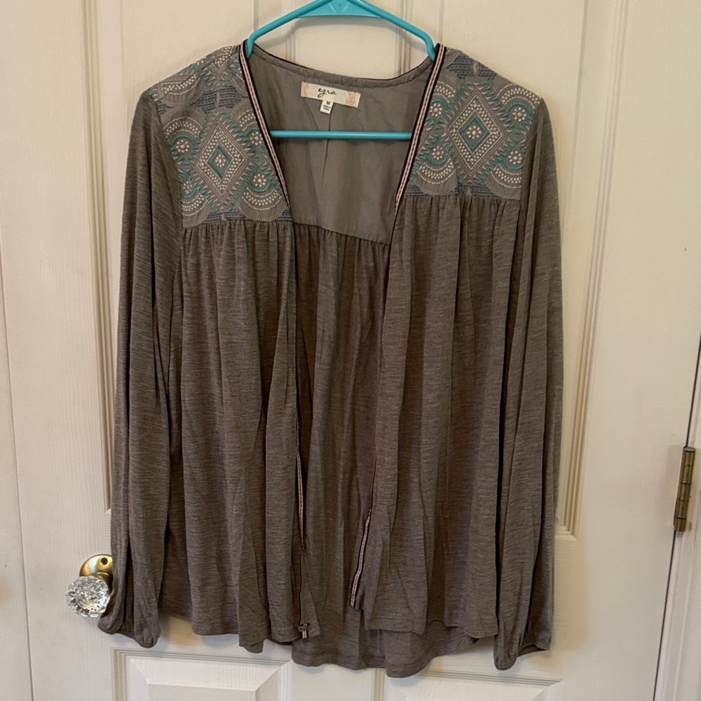 Ezra Gray and Blue Embroidered Light Cardigan Top
